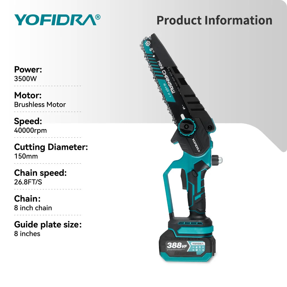 YOFIDRA Brushless 8 inch Electric Pruning Saw Chainsaw Rechargeable Woodworking Saw Power Tool Fit For Makita 18V Battery Pin