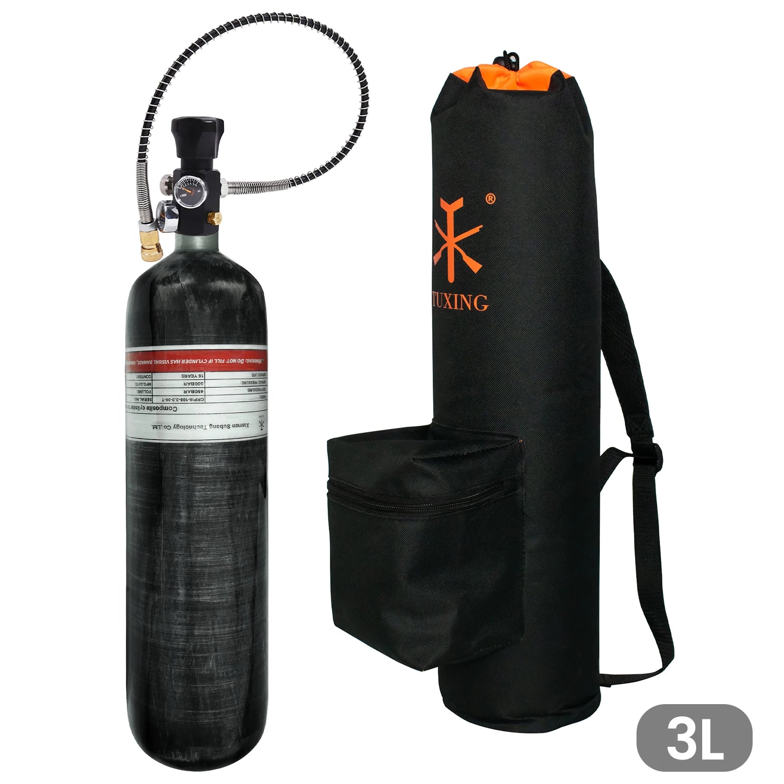 TUXING 4500Psi 300Bar 3L Carbon Fiber Cylinder with High Pressure Charging Regulator Valve Protective Carrier Bag M18*1.5