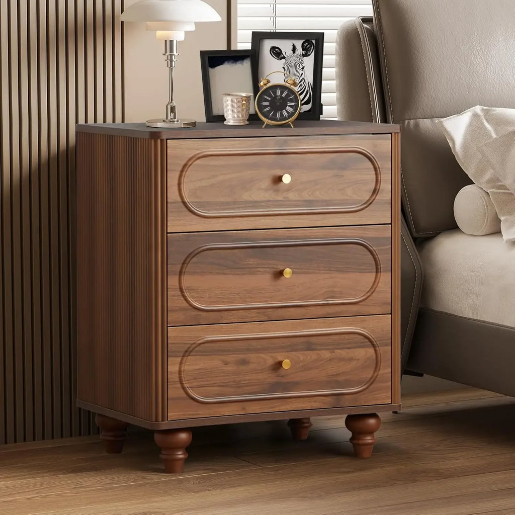 3 Drawer Fluted Dresser for Bedroom Set of 2, Mid Century Modern Chest of Drawers, Wood Storage Small Dresser Organizer , Walnut