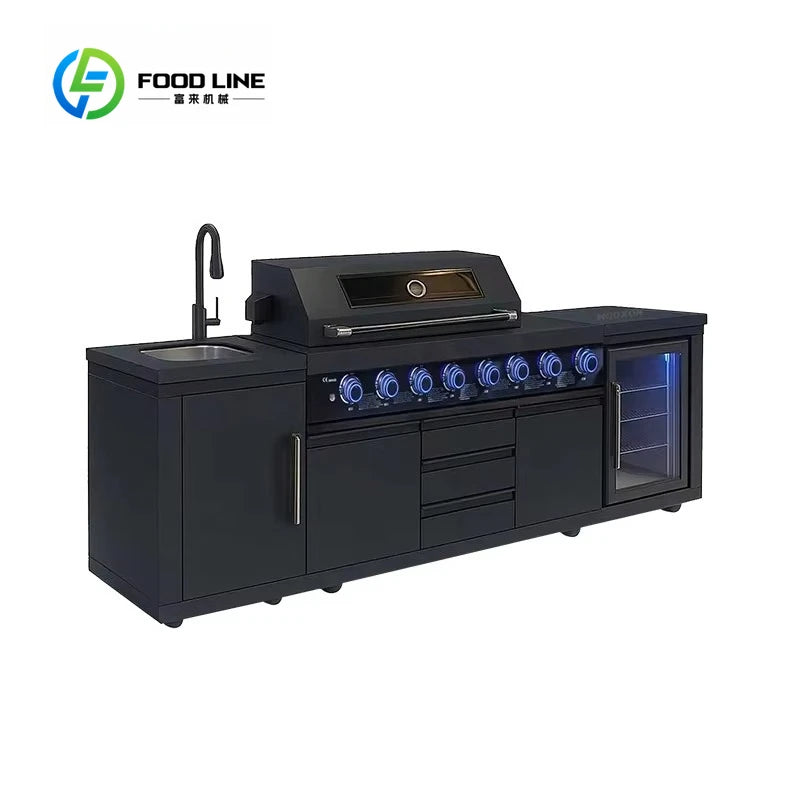 Customized Stainless Steel Color Outdoor Kitchen with 8-Burner BBQ Grill Sink Cabinet and Fridge for Patio Villa