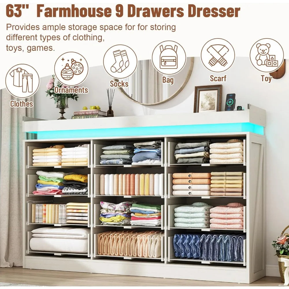 71" Wide 46" Tall Large Farmhouse 12 Drawers Dresser for Bedroom with LED Light and Power Outlets,Wood Rustic 12 Chests of Drawe