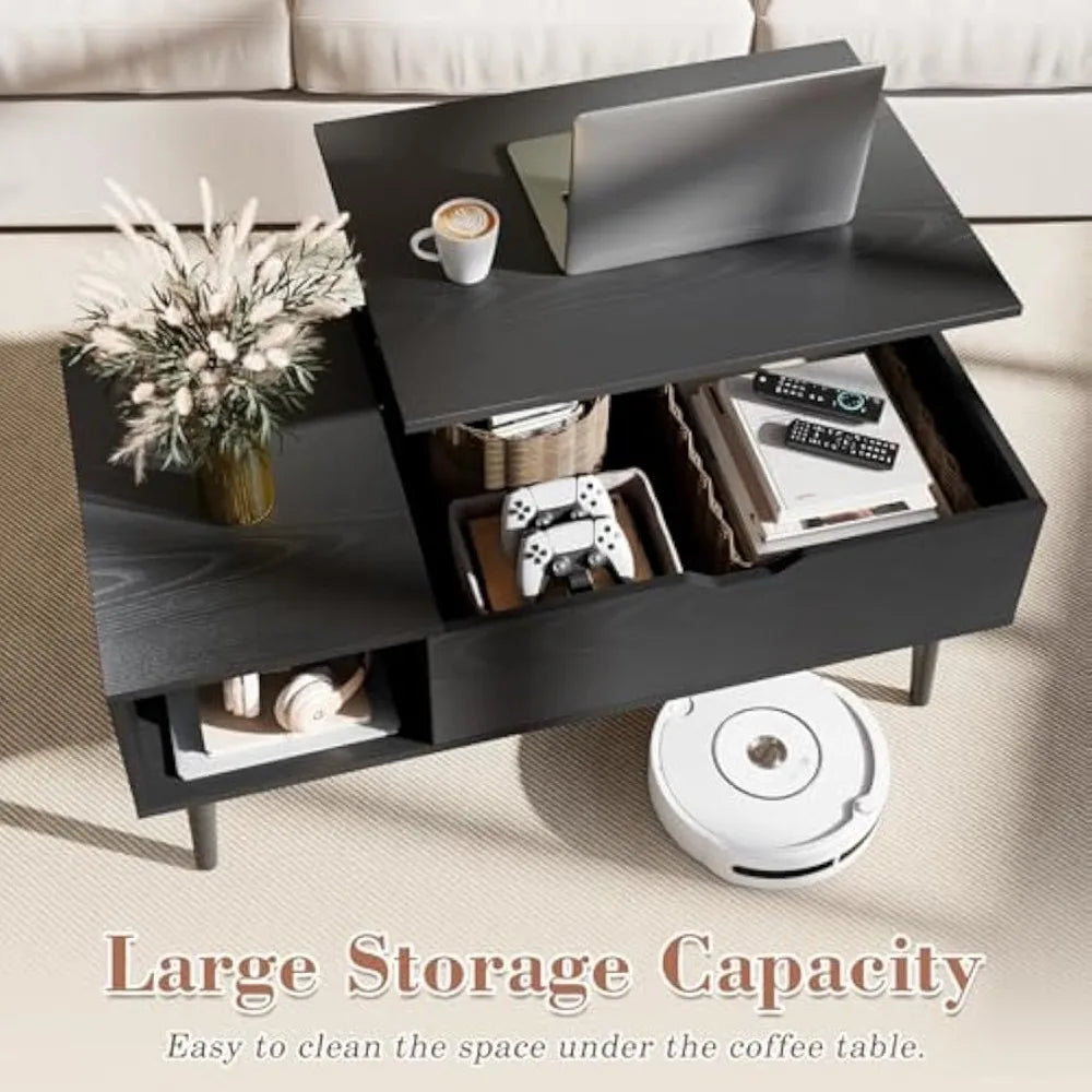 Wood Lift Top Coffee Table with Hidden Compartment and Large Storage Shelf, Lift Tabletop Dining Center Table for Home Living R
