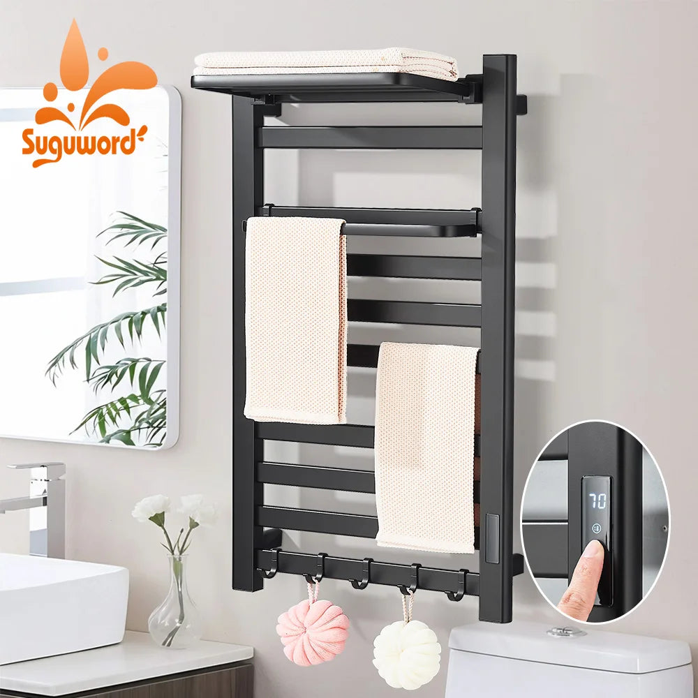 Matte Black Bathroom Electric Heated Towel Rack with Digital Display Touch Thermostatic Dry Towel 304 Stainless Steel Heater