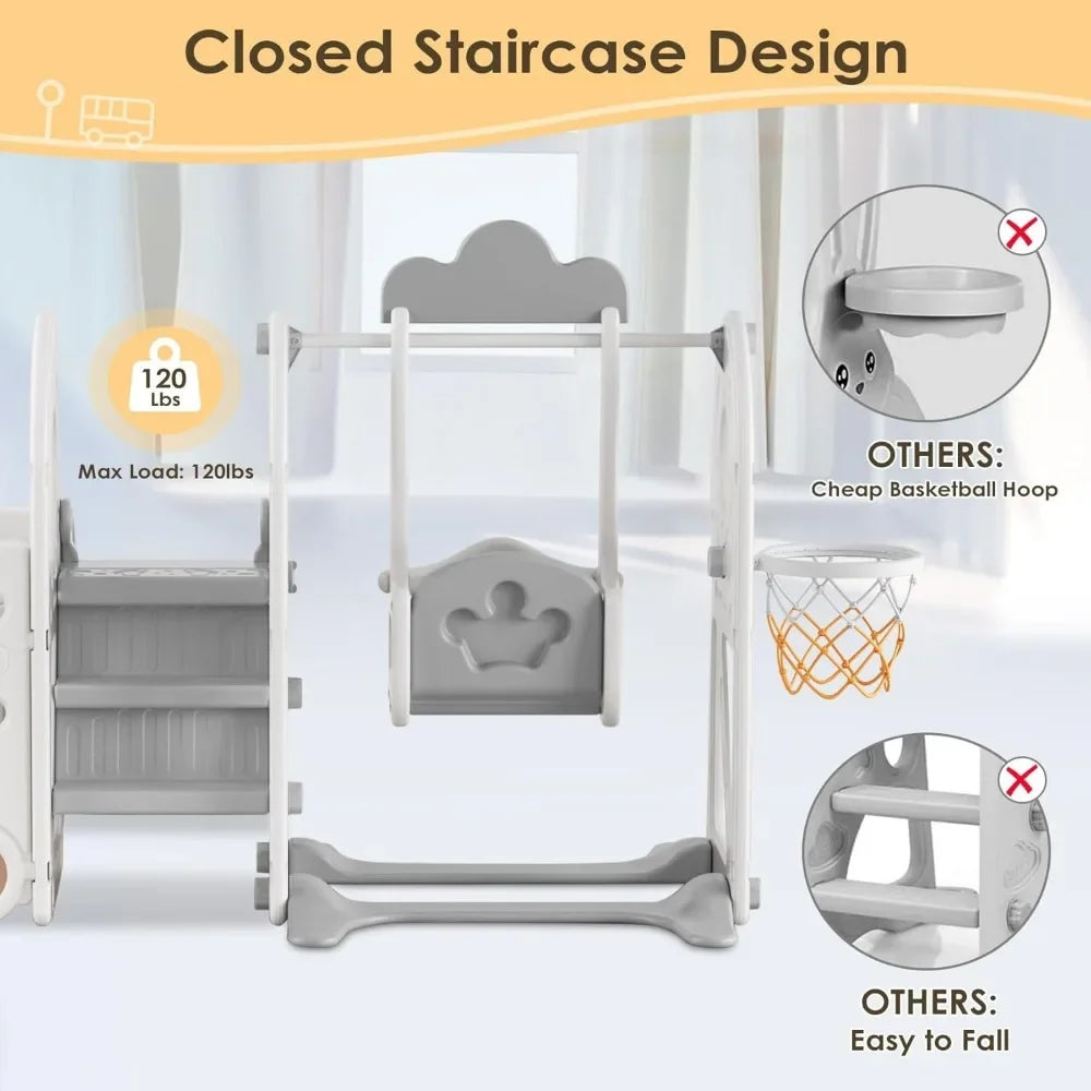 5 in 1 Toddler Slide and Swing Set, Kid Slide for Toddlers Age 1-3, Bus Themed Baby Slide with Basketball Hoop