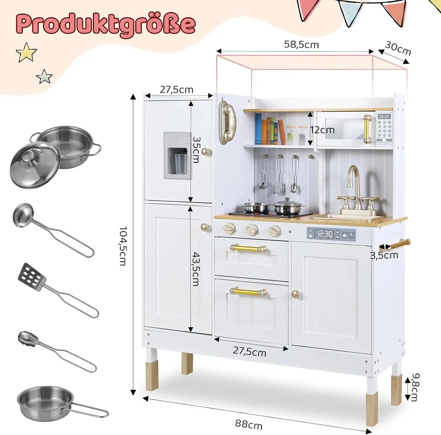 Children's Wooden Kitchen Toy for Children Play Kitchen with Simulated Light and Sound Effects, Doll Kitchen with Accessories