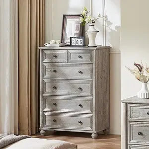 Farmhouse 6 Drawer Dresser, Chest of Drawers for Bedroom, 43.5" Tall Blue Dresser with Roman Column and Metal Handles, Rustic Wo