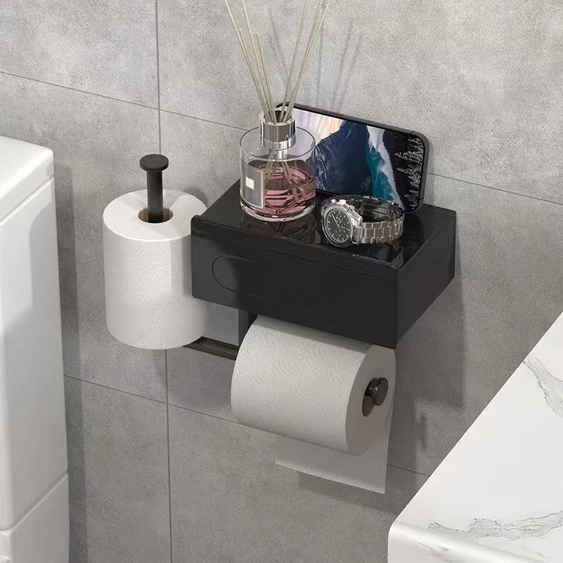 1pc Sleek Black Wall - Mounted Toilet Paper Holder with Shelf - No - Drill, Durable Bathroom Organizer for Essentials