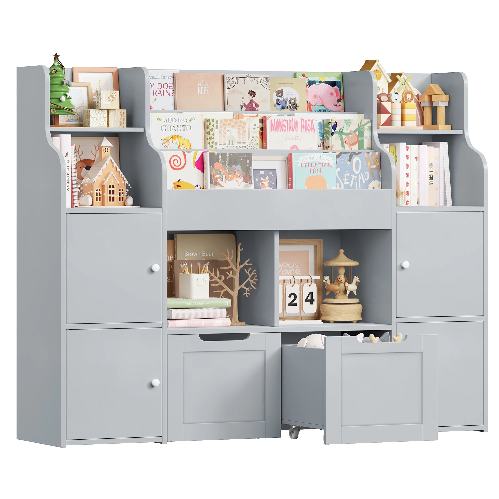 Getone CHILDREN'S room, children's shelf furniture, toys chest, Bookcase, CHILDREN'S wardrobe with 13 shelves 2 doors 2 drawers 122x30x100cm