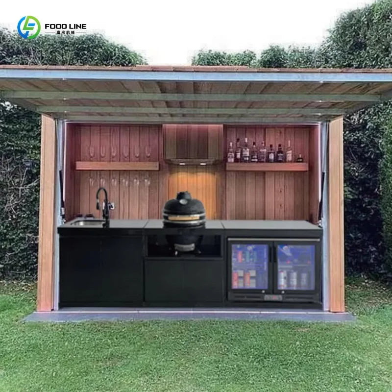 Customized luxury one-stop outdoor grill kitchen with refrigerator, sink, lockers and retractable doorway