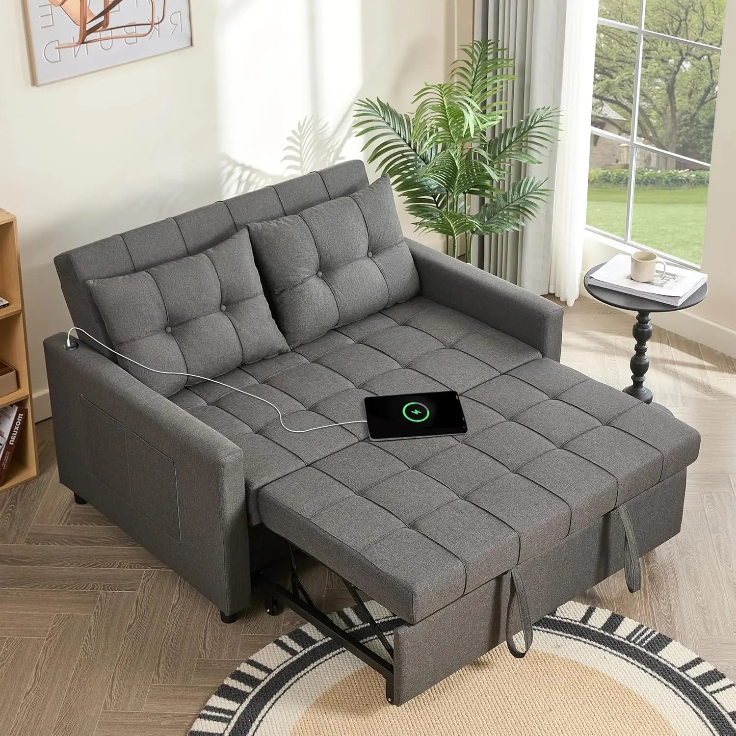 52" Sleeper Sofa with Pull-Out Bed, 3-in-1 Convertible Sofa Bed, Loveseat with Stepless Adjustable Backrest and Side Pocket