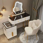 Luxury Glass Dressing Table with Smart Wireless Charging Bedroom Vanity Nightstand Makeup Table Drawers with Led Mirror Dresser