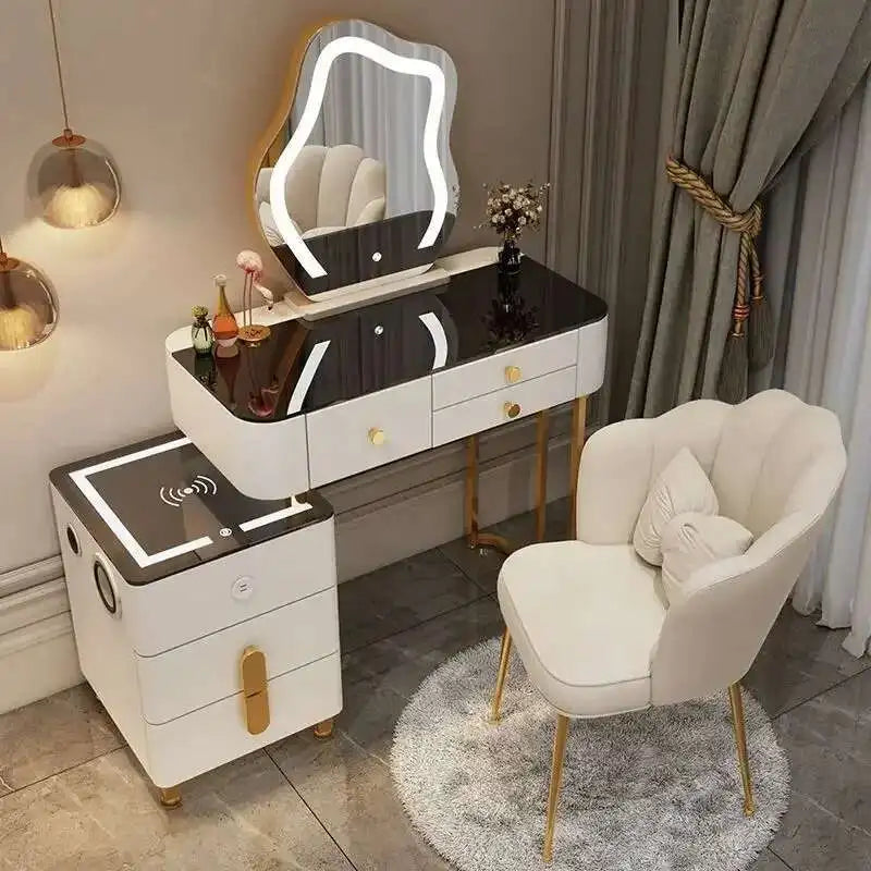 Luxury Glass Dressing Table with Smart Wireless Charging Bedroom Vanity Nightstand Makeup Table Drawers with Led Mirror Dresser