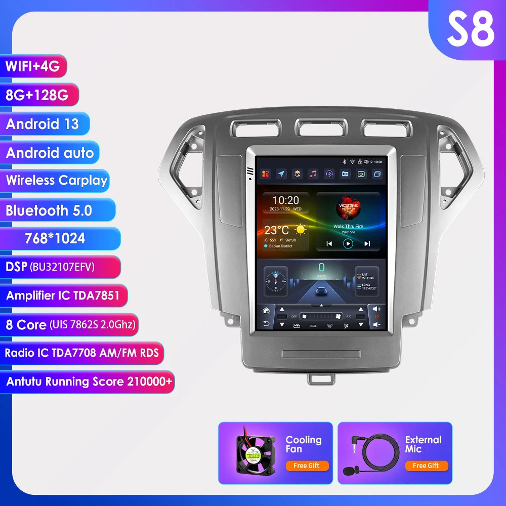 Hizpo For Tesla Style Car Radio For Ford Mondeo Mk4 Galaxy A/C 2007-2010 Carplay Screen Monitor Navigation Head Unit Player DSP