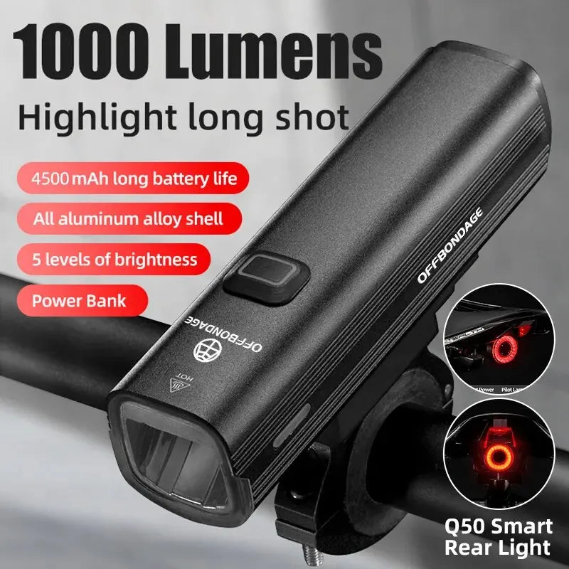 OFFBONDAGE 1000LM Bike Headlight – USB Rechargeable, Power Bank, Waterproof, MTB & Road Handlebar Light
