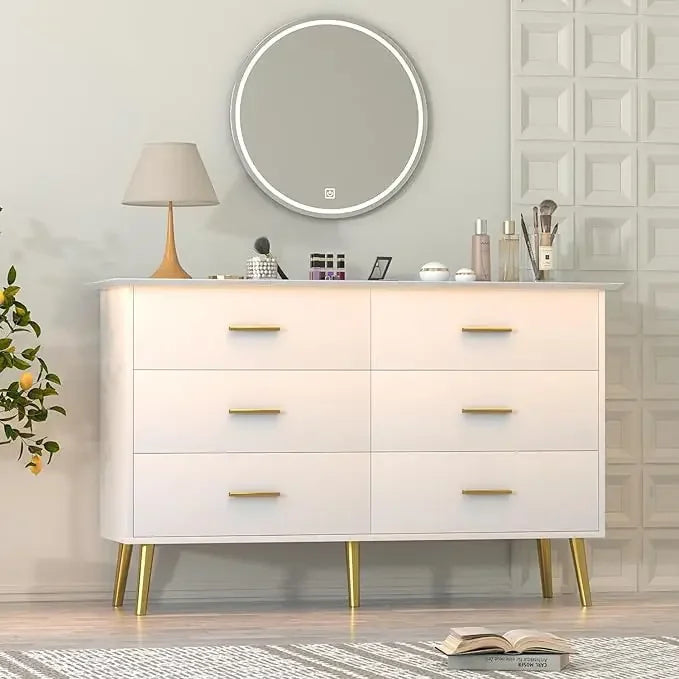 White Dresser for Bedroom with 6 Drawers, Dresser, Wood Dressers Chest of Drawers with Gold Handles, Modern LED Bedroom Dresser