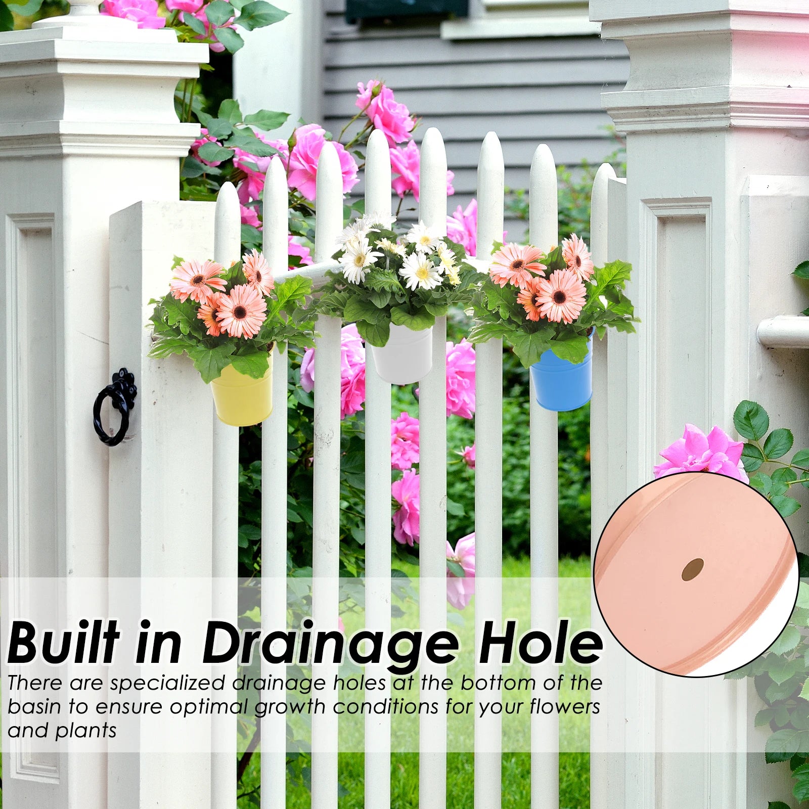 5Pcs Metal Hanging Flower Pots Hook Bucket Garden Planter Pots with Drainage Hole Balcony  Garden Office Planter Home Decor