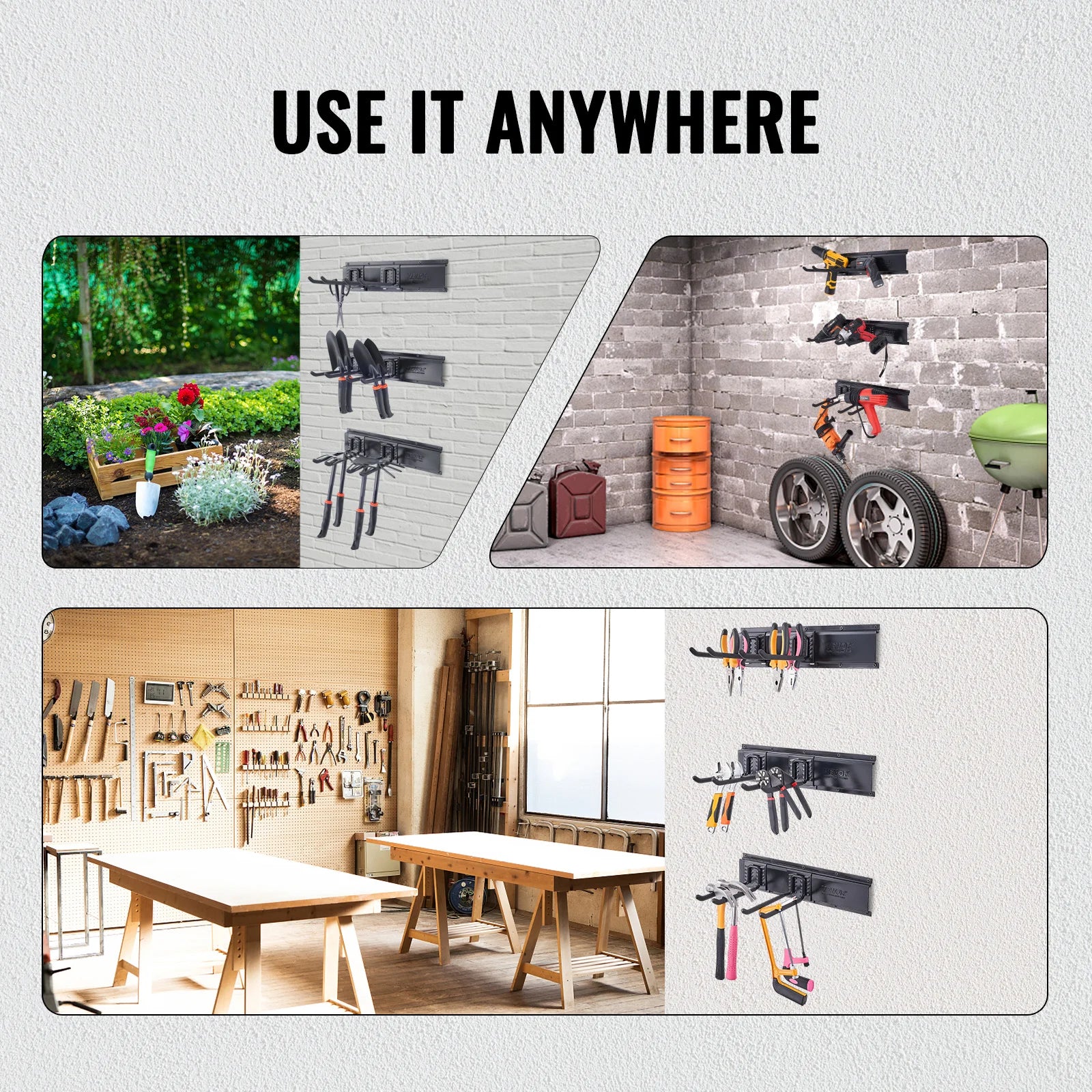 SucceBuy Garage Tool Organizer Wall Mount Yard Garden Heavy Duty Storage Rack W/ Adjustable Hook Rails for Shovels Trimmers Hose