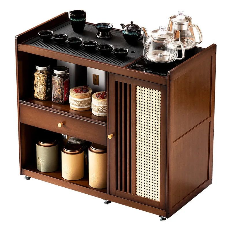 Mobile tea table Small tea table Kettle integrated tea cabinet Solid wood coffee table Tea cart Brewing tea table