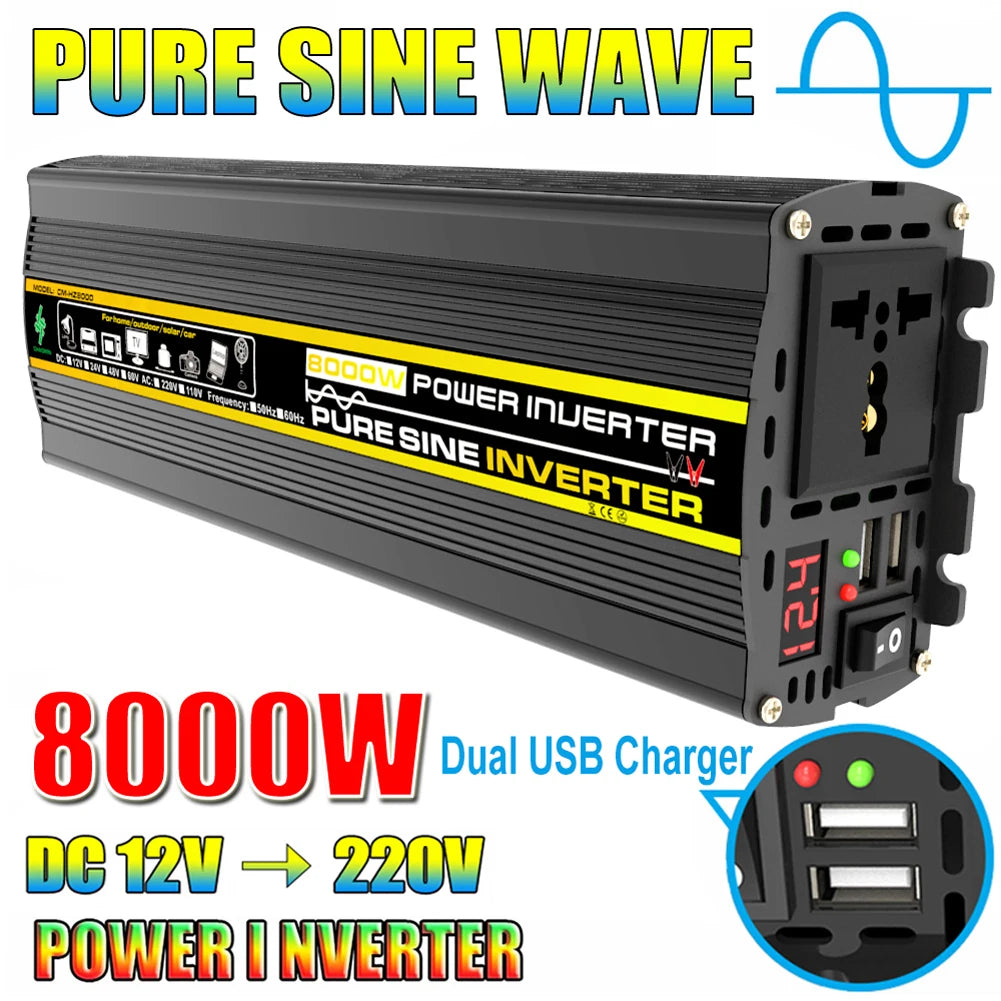 10000W/12000W Car Inverter LCD Display Vehicle Smart Inverter DC 12 V To AC 220V Digital Pure Sine Wave Power Inverter