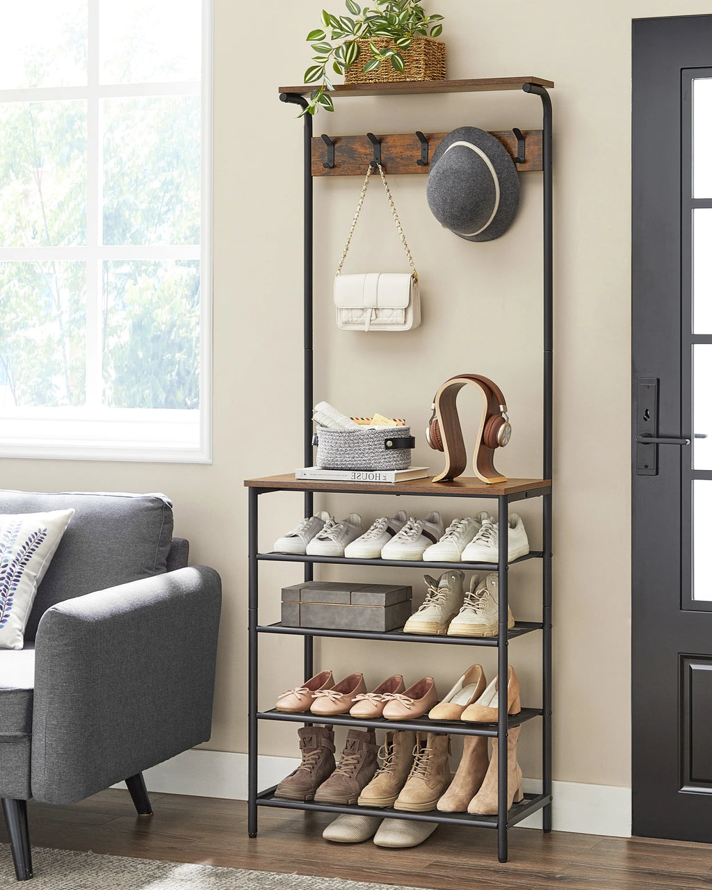 VASAGLE coat rack, dresses stand, wardrobe with 5 double hooks, shoe rack with 5 levels, one shelf on top