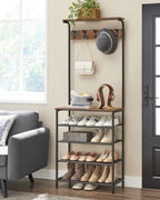 VASAGLE coat rack, dresses stand, wardrobe with 5 double hooks, shoe rack with 5 levels, one shelf on top