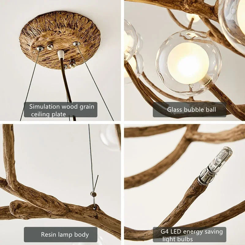 Resin Tree Branch Glass Bubble LED Pendant Chandelier for Retro Home Decor
