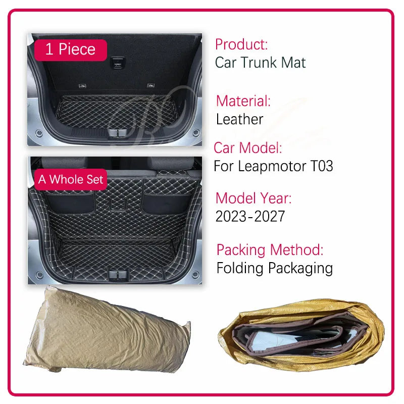 Leather Car Trunk Mats For Leapmotor Leap Motor T03 2023 2024 2025 2026 2027 Anti-dirty Pad Storage Cargo Cover Auto Accessories
