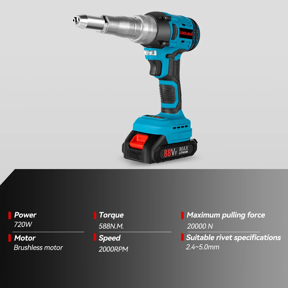 20000N Brushless Electric Rivet Gun 720W 2.4-5.0mm Cordless Rivet Nut Gun Drill Insert Auto Riveting Tool For Makita Battery Pin