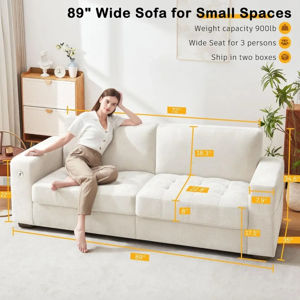 Modern 89" Sofa - Chenille, USB/Type-C, Removable Cover for Small Spaces