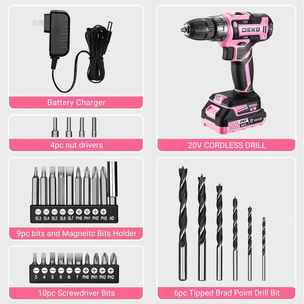 DEKO Pink Cordless Drill 20V - Electric Power Drill Set Tool for Women | AlluCanFind