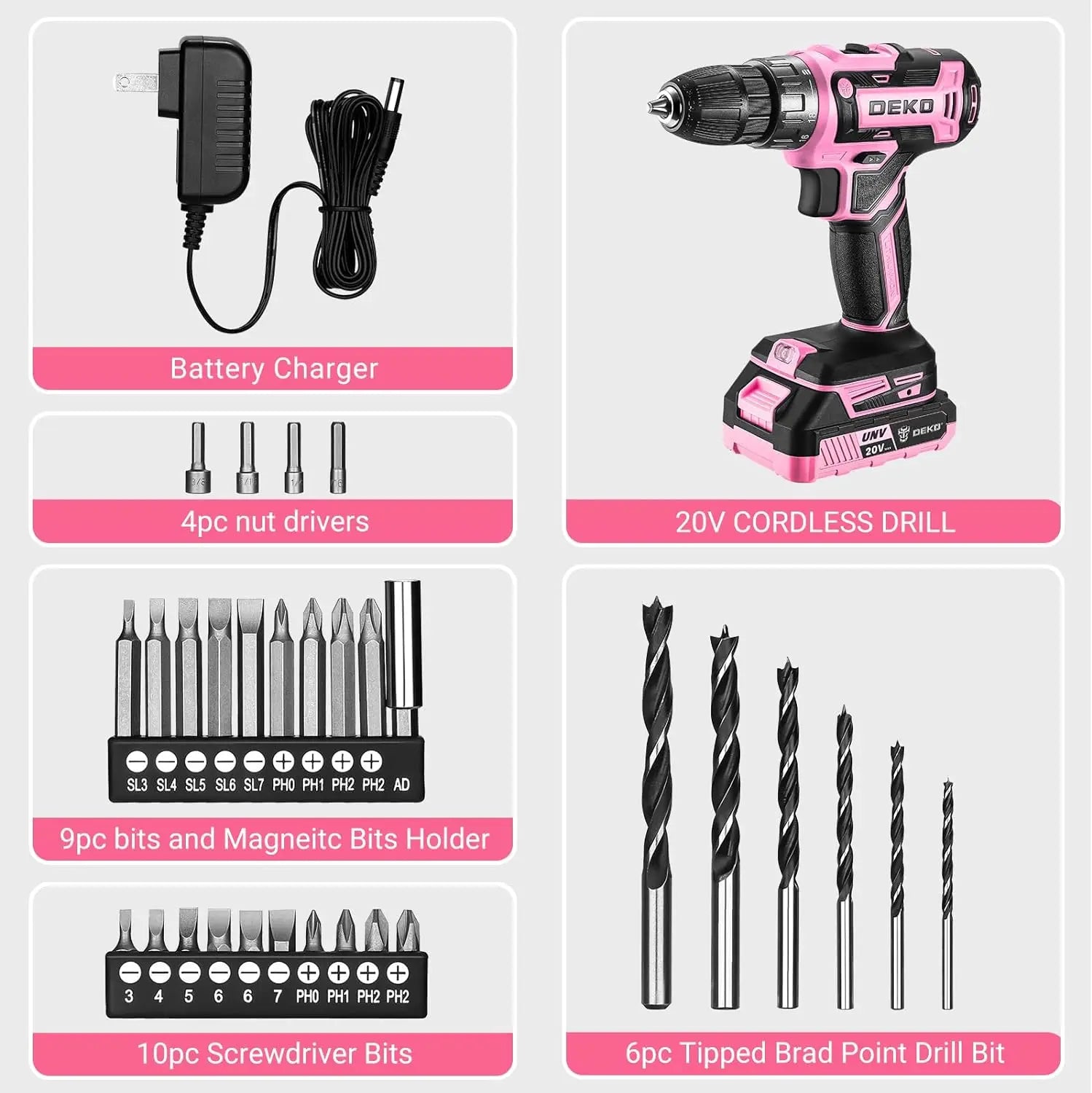 DEKO Pink Cordless Drill 20V - Electric Power Drill Set Tool for Women | AlluCanFind