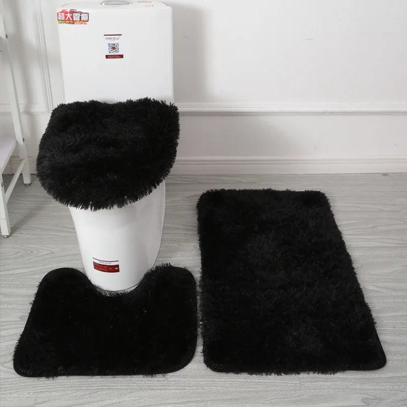 Inyahome 3pcs/set Plush Bathroom Bath Mats Set Anti Slip Toilet Rug and Toilet Lid Cover Soft Fluff Shower Carpet Floor Bath Mat