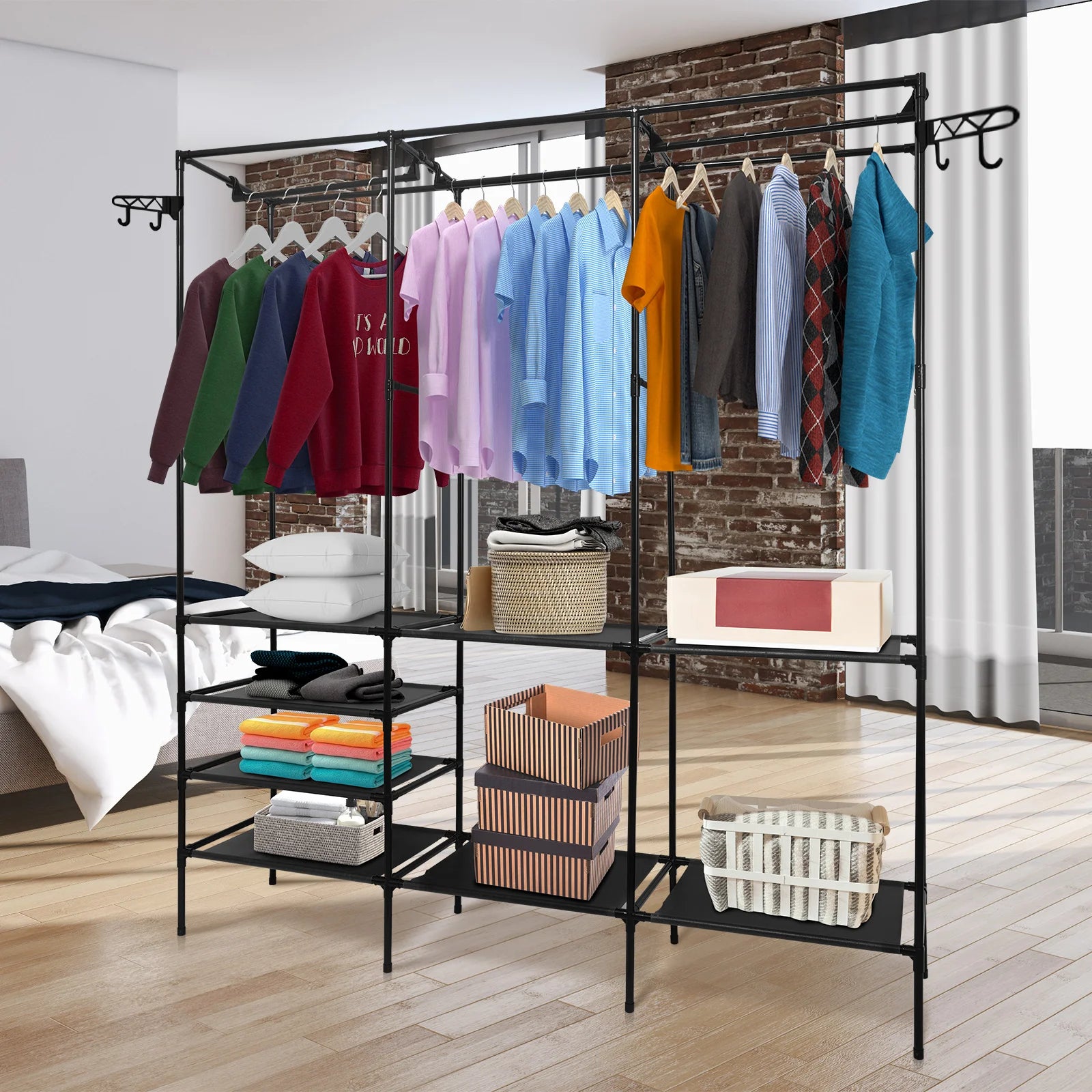 Garment Rack Shoe Clothing Organizer System Shelves Freestanding Multifunctional Clothes Wardrobe Metal Black