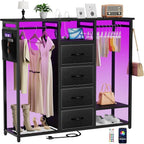 Dresser for Bedroom with 2 Clothes Racks, 4 Drawer Closet with Led Light and Charging Station, Black Wardrobe with Hanging Rack,