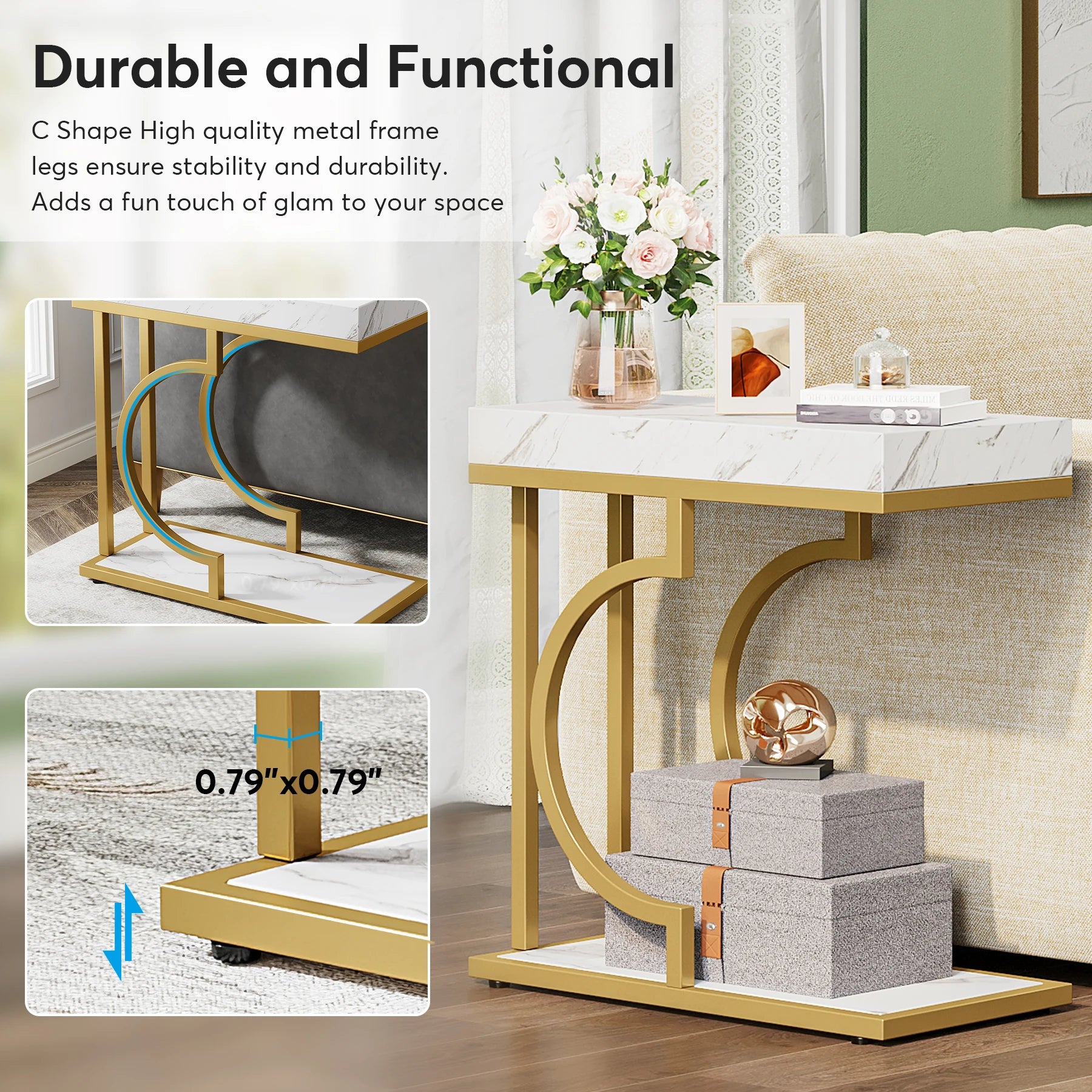 Tribesigns Narrow Side Table White Gold Side Table C Shaped End Table Modern Bedside Table Small Side Table for Couch