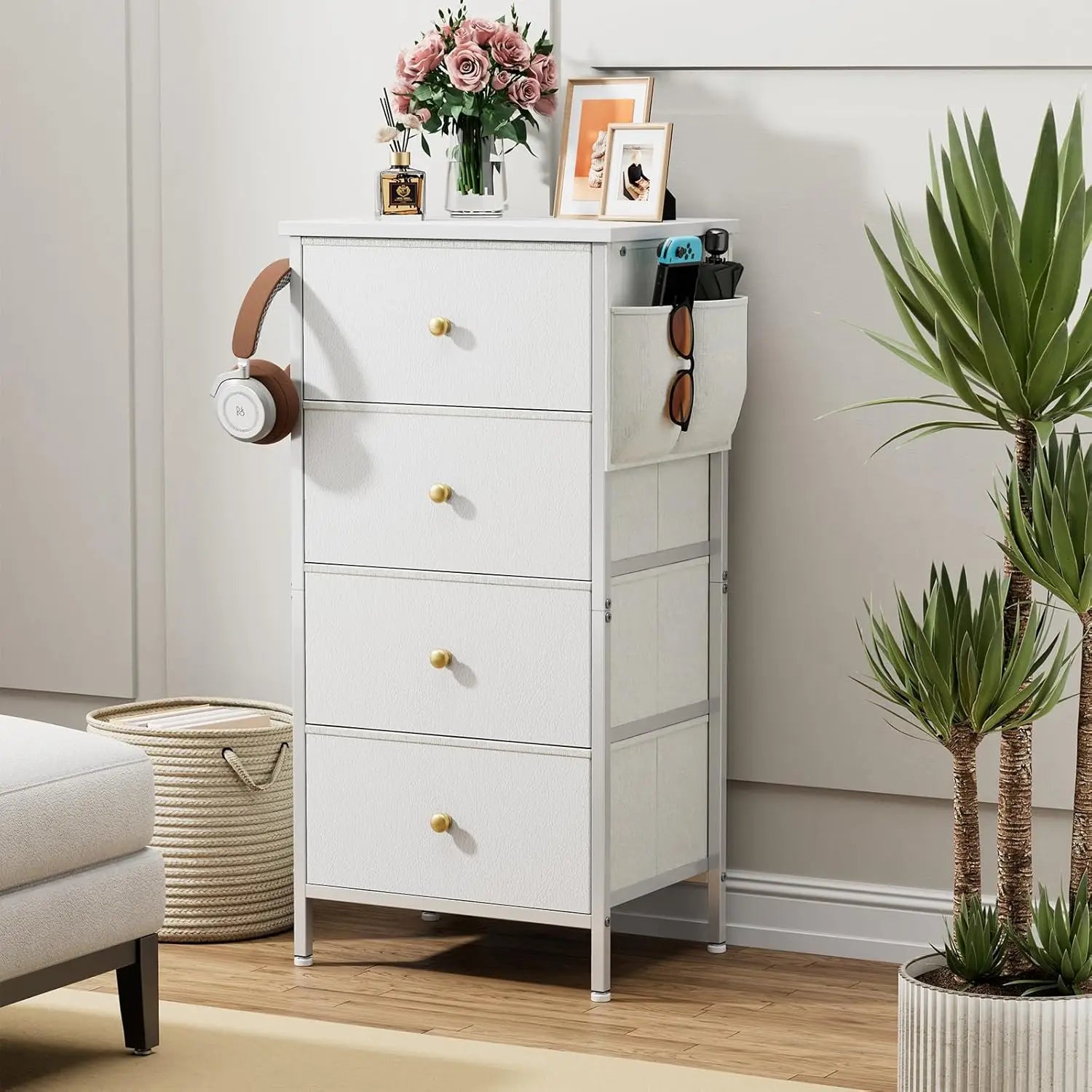 Tall Dresser with 4 Drawers,White Dresser for Bedroom, Tall Storage Tower for Closet,Nursery, Dorm, Dresser Organizer with Frame