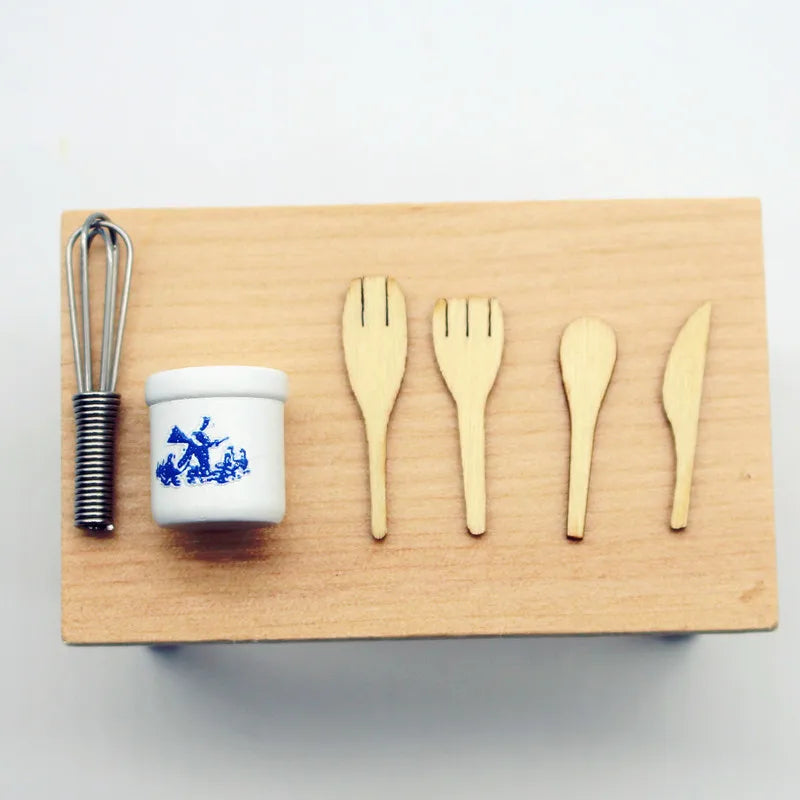 Miniature Dollhouse Kitchen Tools Set Wooden Spatula Knife Fork Egg Beater Jar For Home Decor Photography Props Mini Toys