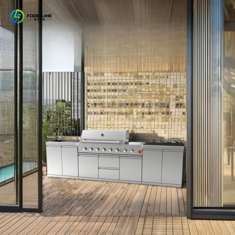 Custom Freely Combined 304 Stainless Steel Outdoor Kitchen With Built-in Refrigerator And Preparation Sink