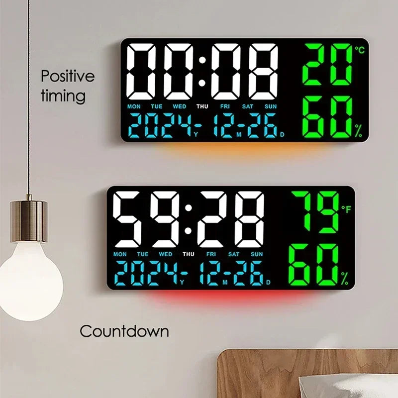 Large LED Digital Wall Clock Alarm Clock with Timing Function Remote Control Ambient Light for Living Room Office Bedroom Decor