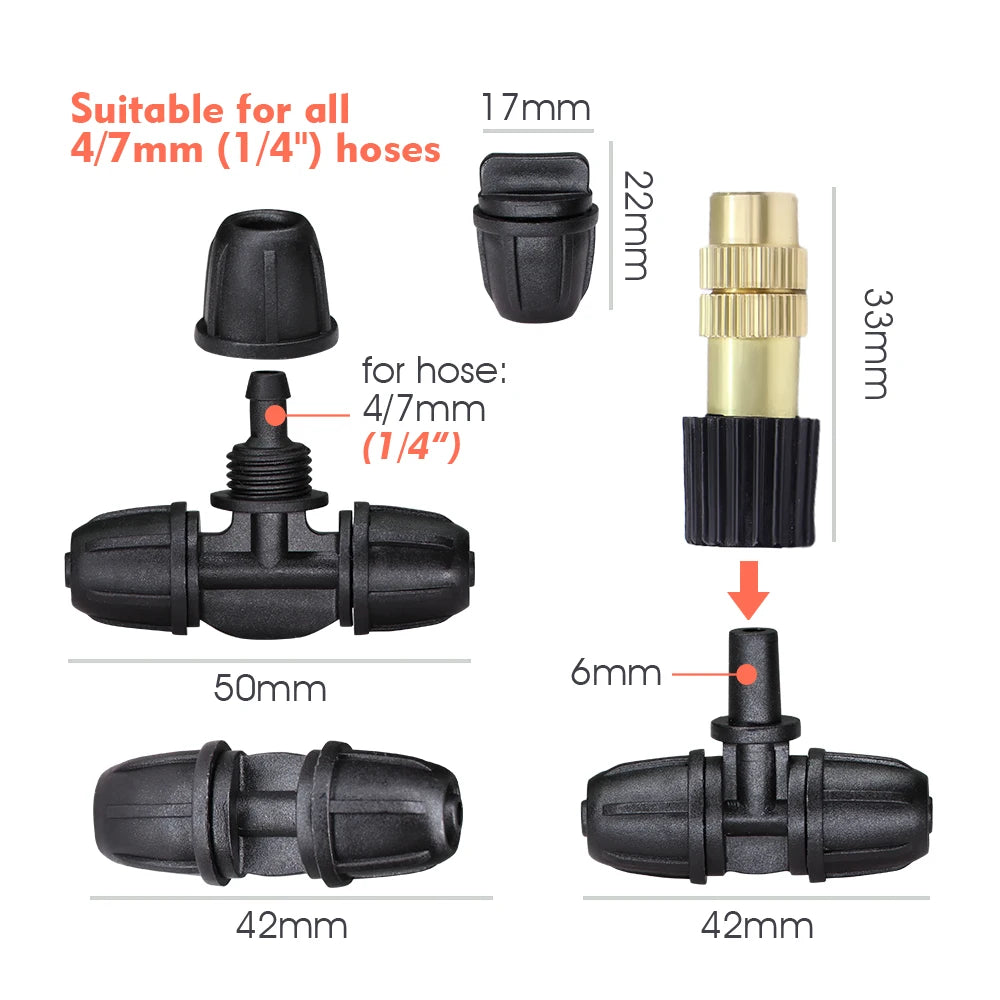 10-25M Garden Adjustable Brass Nozzle Misting 1/4" Watering System 60W Self-Priming Pump Automatic Cool Irrigation Equipment