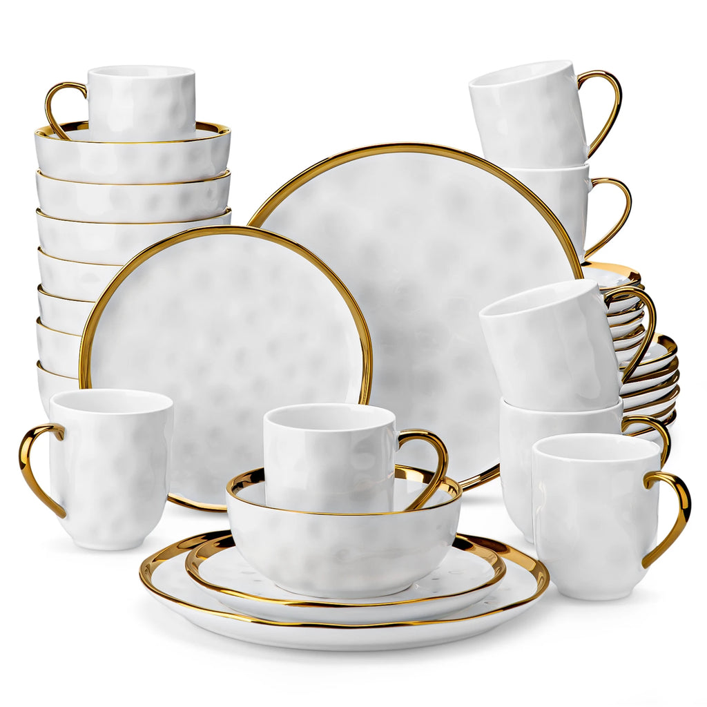LOVECASA 16/32 Piece White Handmade Dinnerware Set with Gold Trim Stonewre Set Dinner Plate/Dessert Plate/Cup/Bowl Tableware Set
