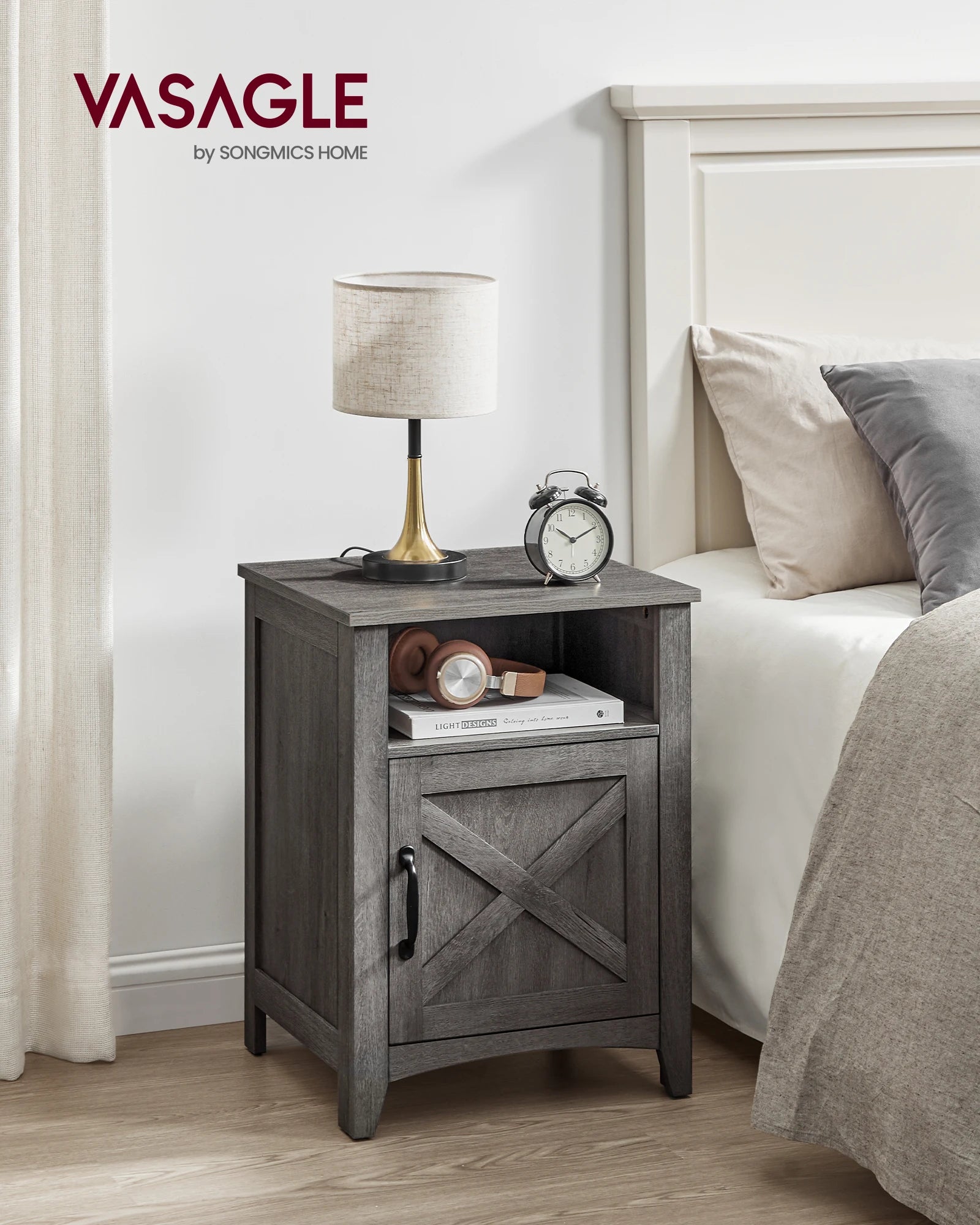 VASAGLE Farmhouse Nightstand with Barn Door, Set of 2, Bedside Table with Storage, Side End Table, Night Stand