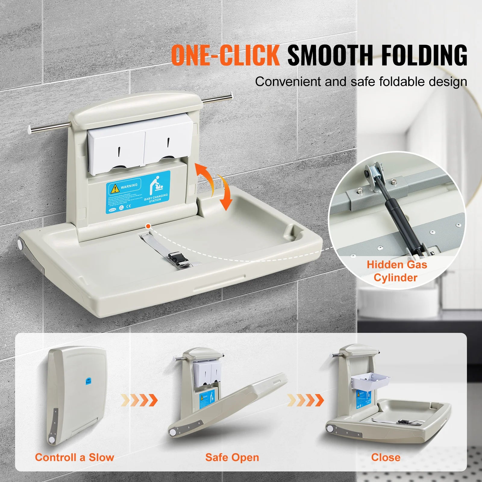 SucceBuy Wall-Mounted Baby Changing Station Horizontal Foldable Diaper Change Table Safety Straps and Hanging Rods for Newborns