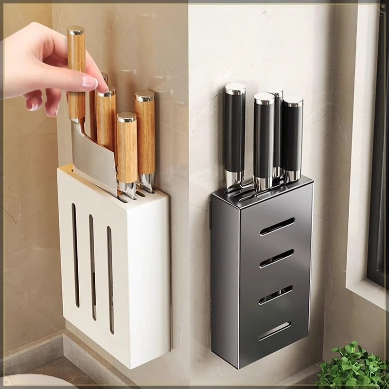Kitchen Knife Holder Stainless Steel Wall Mount Punch Free Multifunctional Kitchen Organizer Traceless Utensil Storage Rack