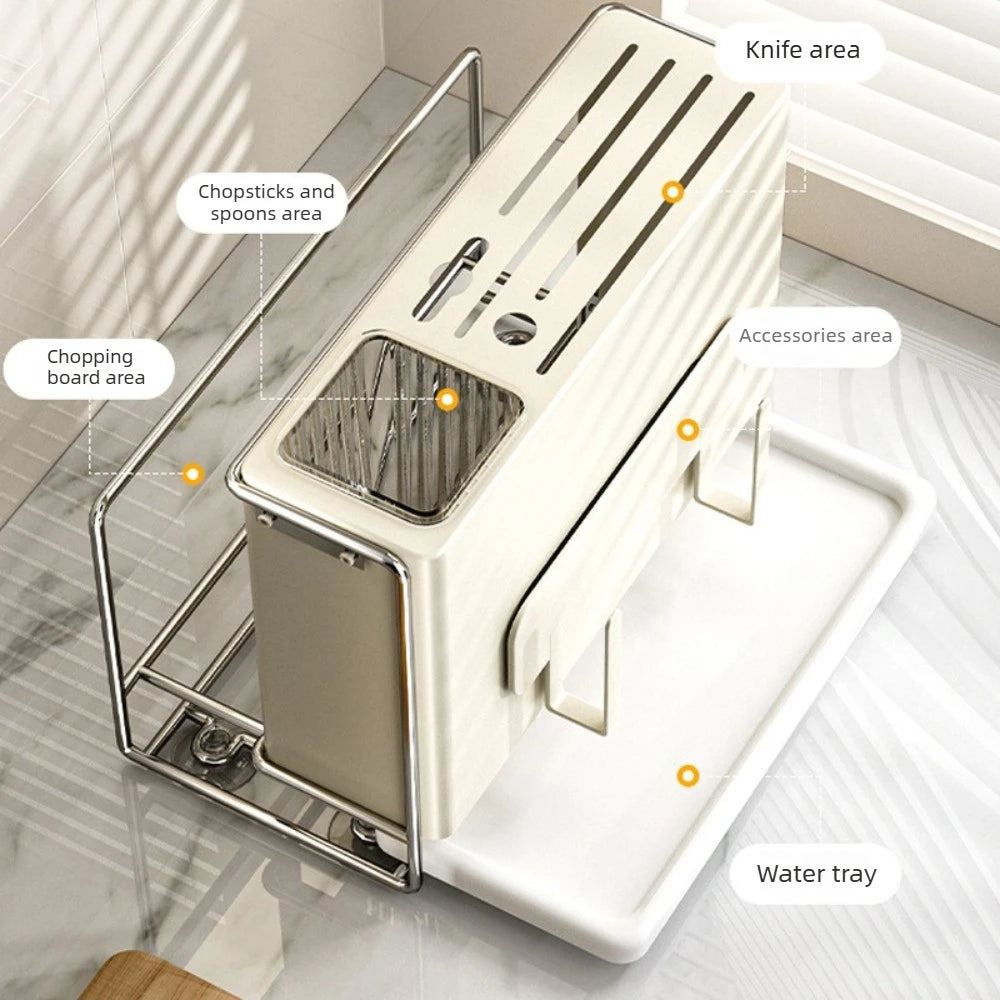 Kitchen Knife Holder Rack with Lid Stand and Chopstick Storage Magnetic Drain Design for Countertop Organization Use