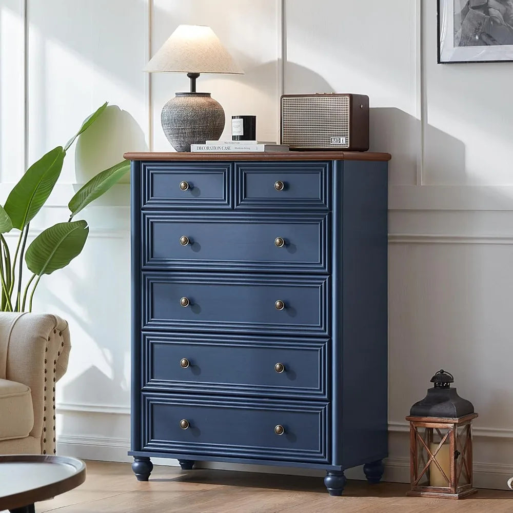 Farmhouse 6 Drawer Dresser, Chest of Drawers for Bedroom, 43.5" Tall Blue Dresser with Roman Column and Metal Handles, Rustic Wo