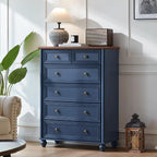 Farmhouse 6 Drawer Dresser, Chest of Drawers for Bedroom, 43.5" Tall Blue Dresser with Roman Column and Metal Handles, Rustic Wo