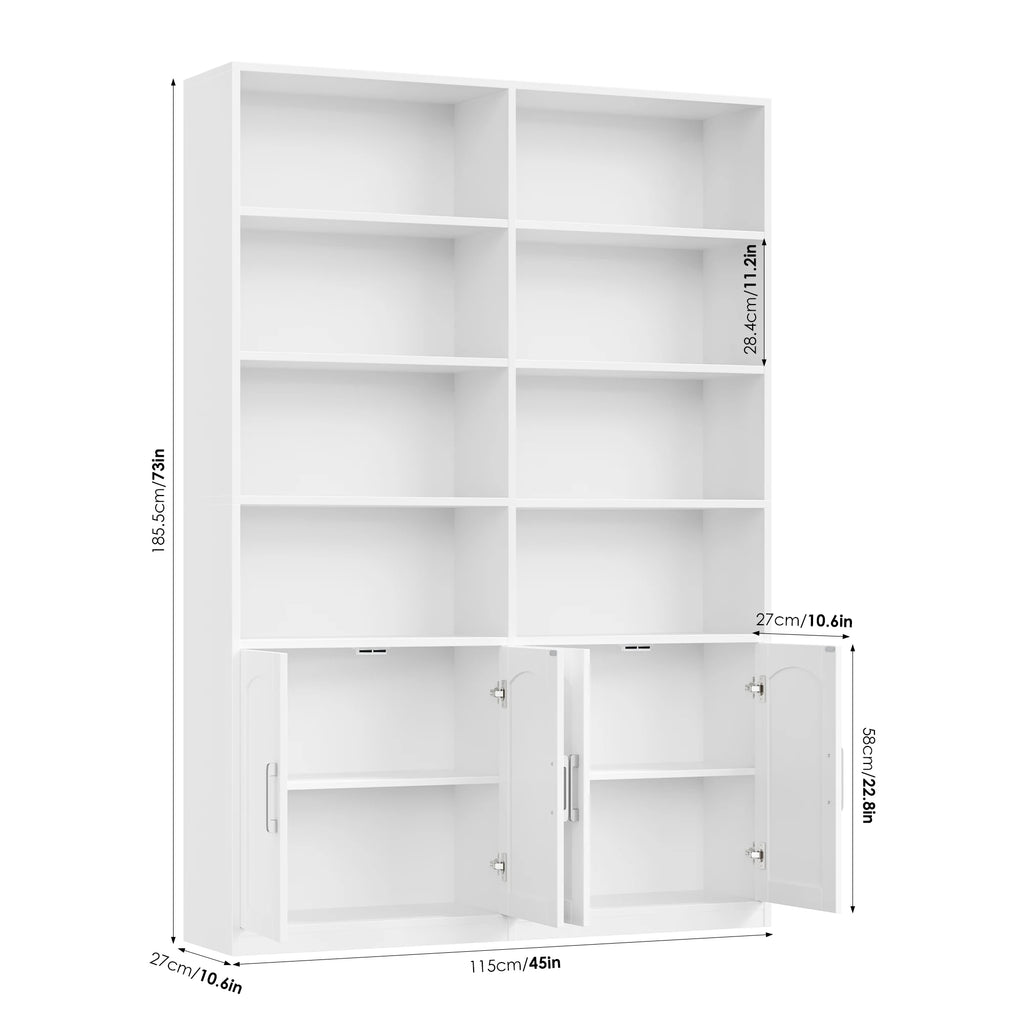 Getone Bookshelf Books wardrobe high wardrobe with 12 compartments 4 doors standing rack for living room office kitchen 115x27x185.5 cm
