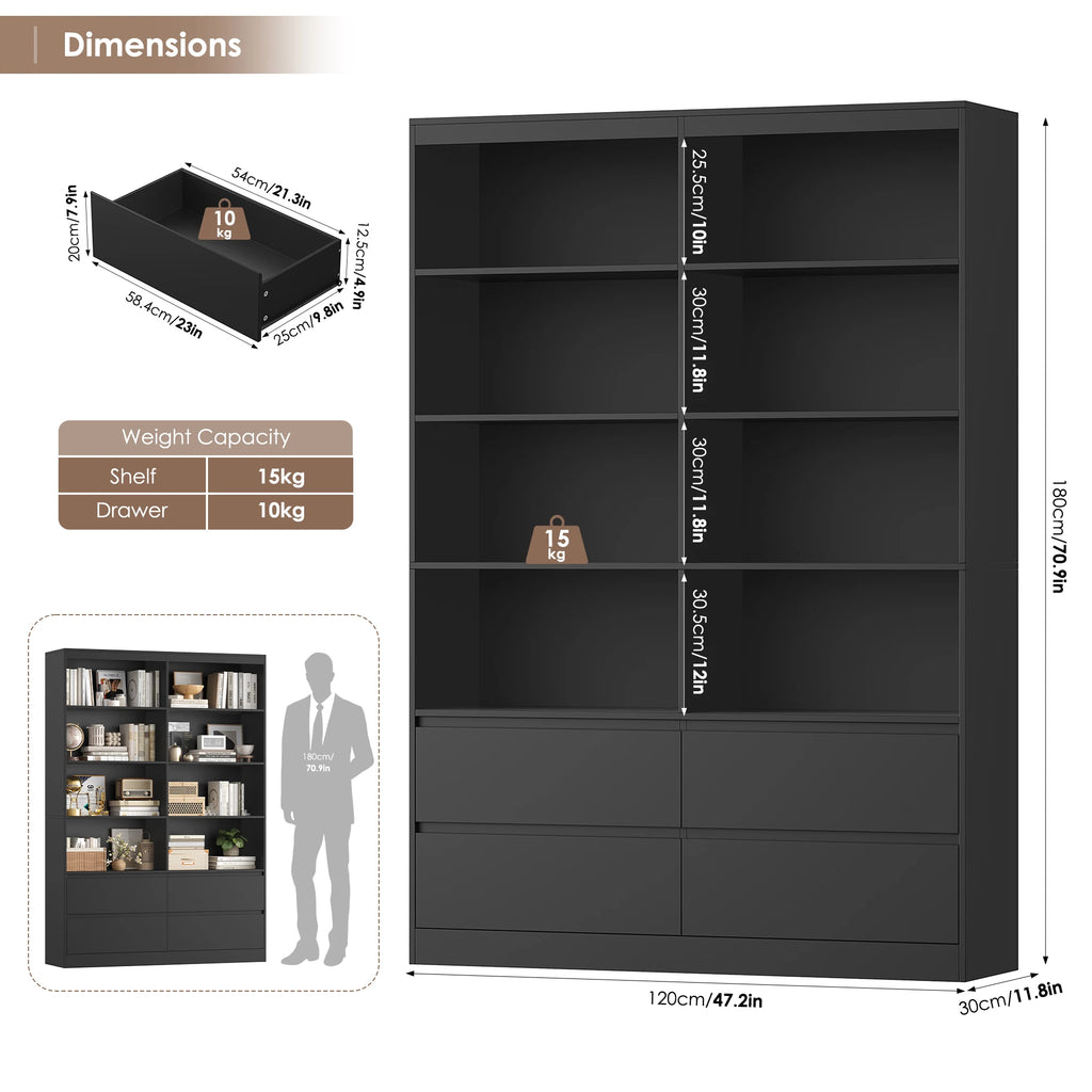 Getone Bookshelf 6 Tier Bookcase White with Drawers 8 Open Compartments Bookshelf Living Room Bookcase  Tall Shelving Unit Free Standing Display Cabinet for Office Home 180x120x30cm