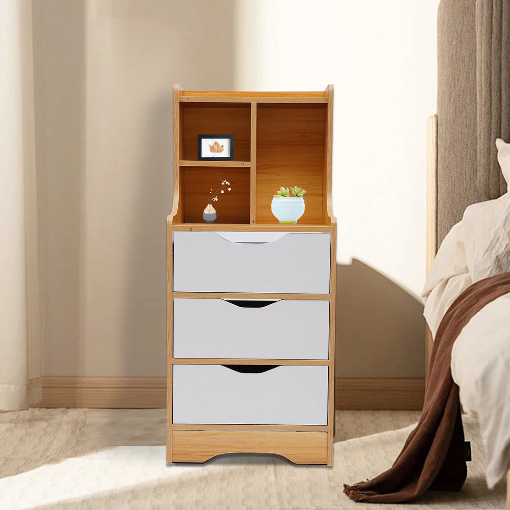 37*30*85cm White Nightstand 3 Drawers with Open Storage Cabinet, Nightstand Bedside Tables with Storage for Bedroom